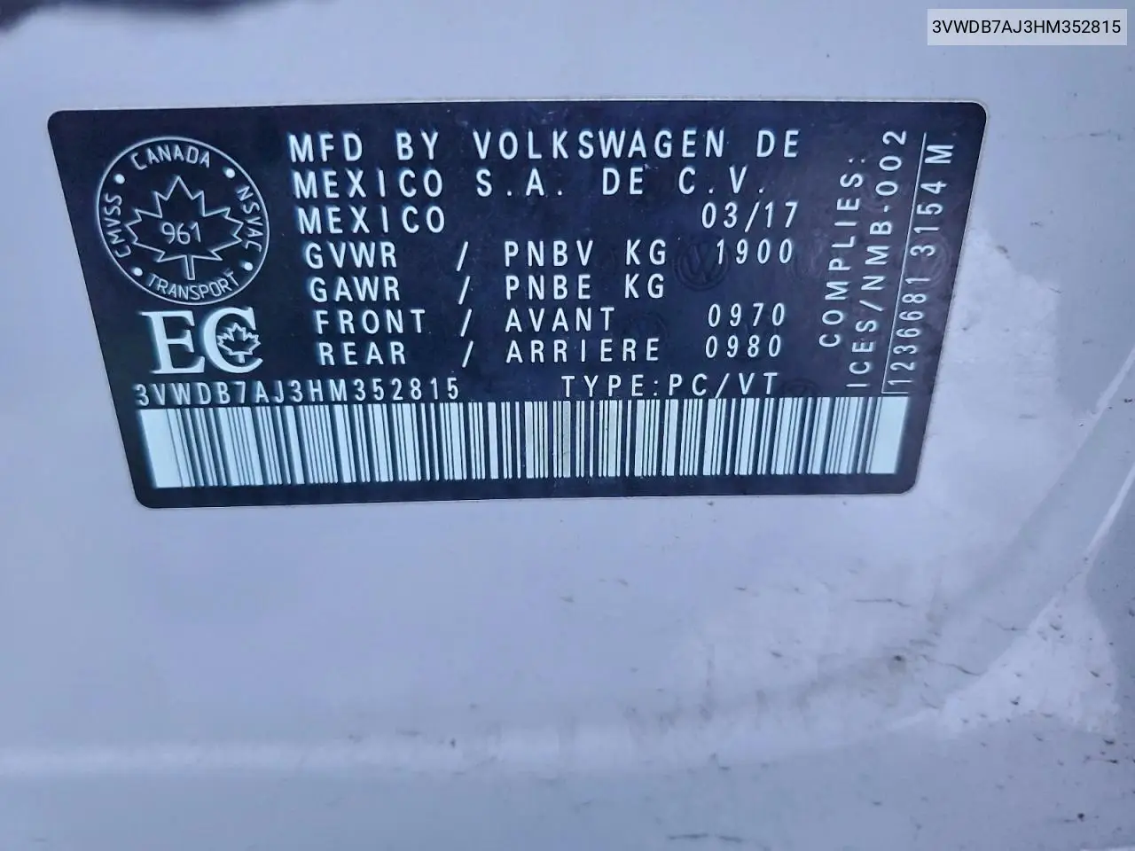 3VWDB7AJ3HM352815 2017 Volkswagen Jetta Se