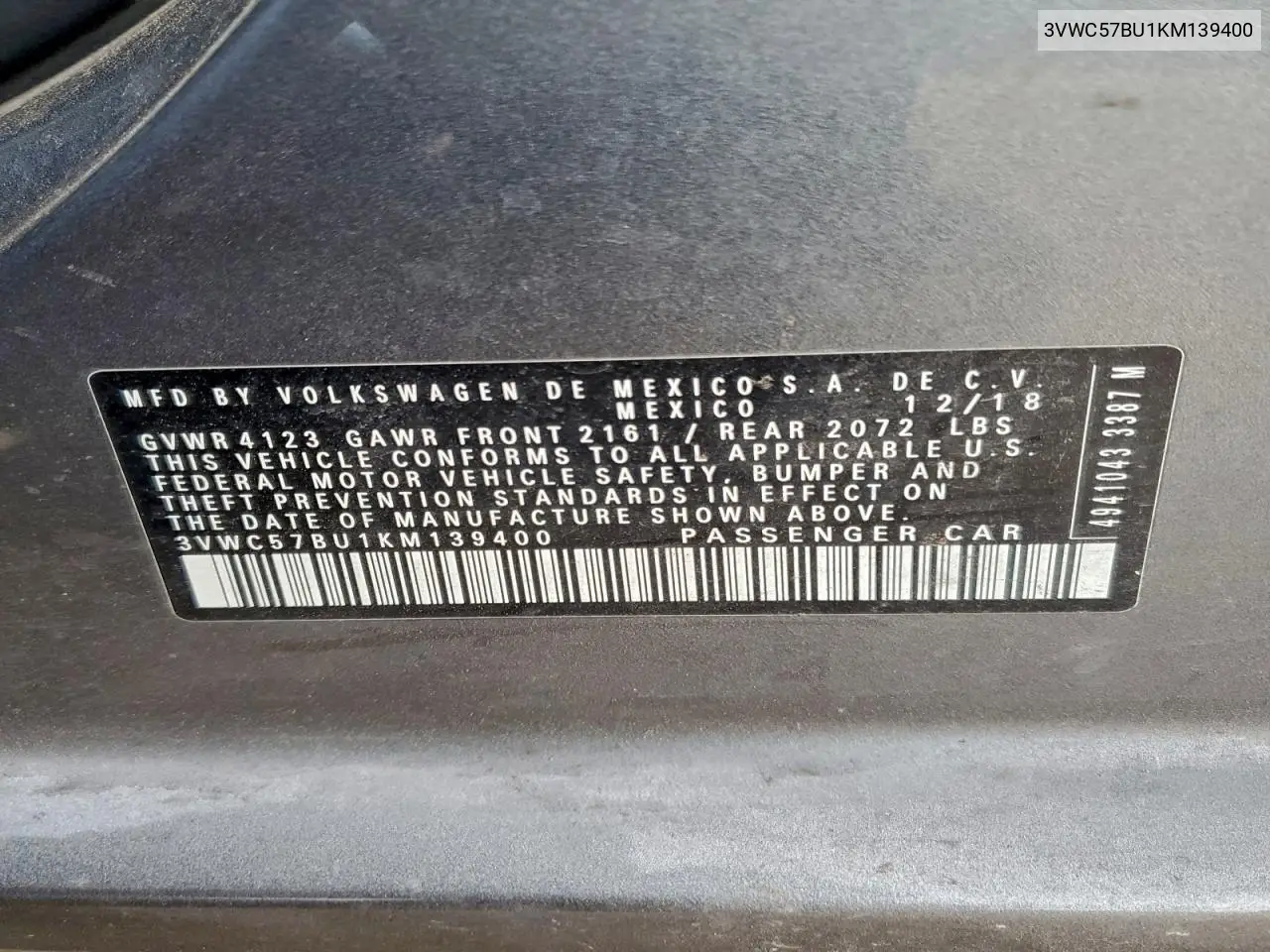 3VWC57BU1KM139400 2019 Volkswagen Jetta S