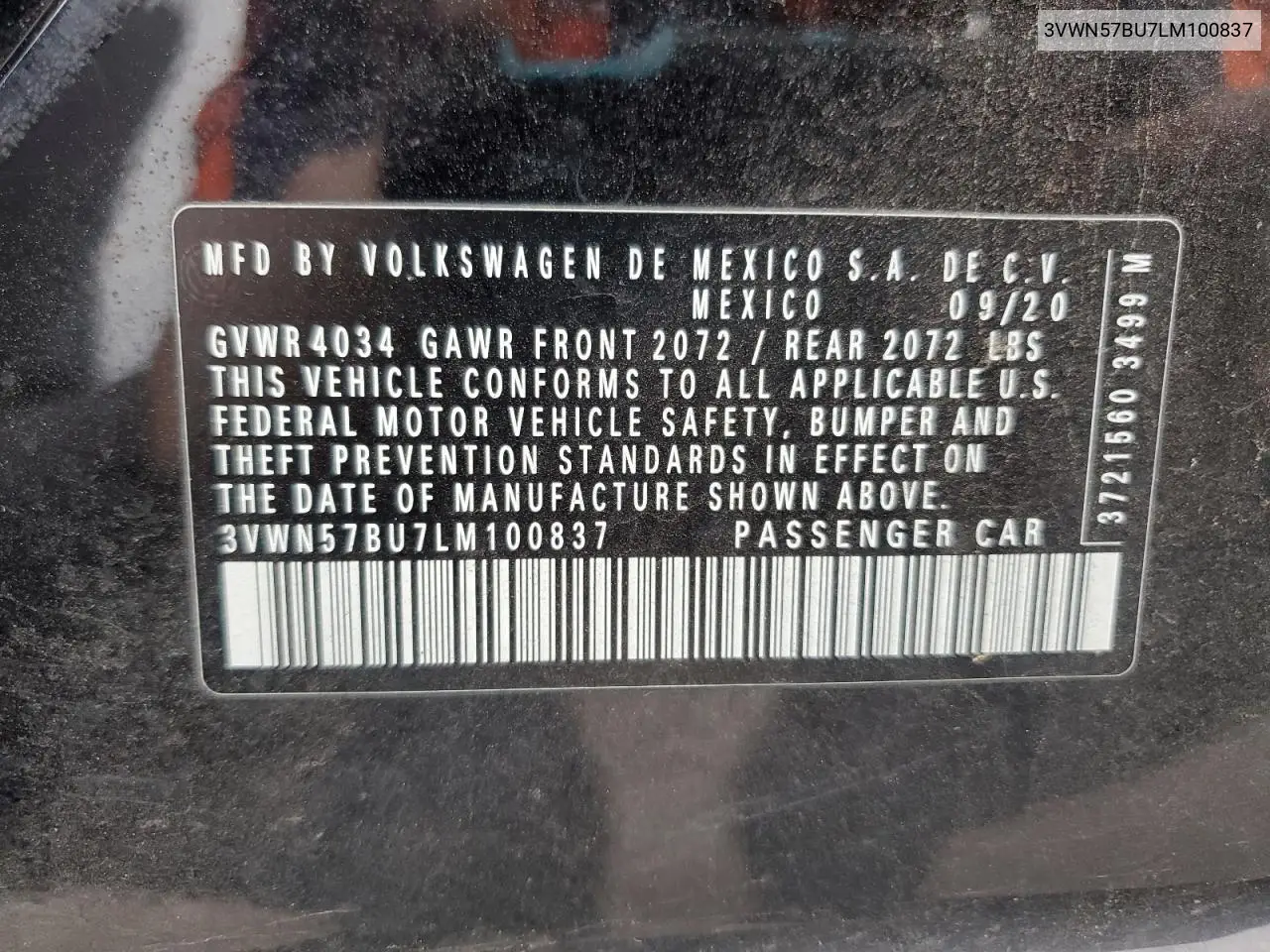 3VWN57BU7LM100837 2020 Volkswagen Jetta S