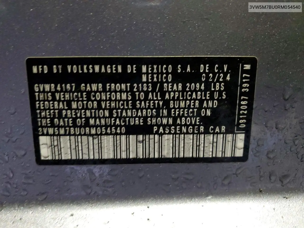 2024 Volkswagen Jetta S VIN: 3VW5M7BU0RM054540 Lot: 59736626