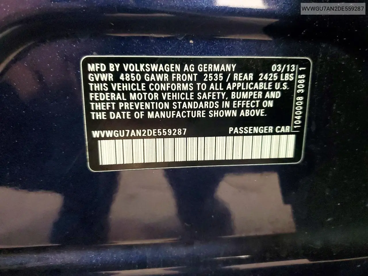2013 Volkswagen Cc Vr6 4Motion VIN: WVWGU7AN2DE559287 Lot: 56892096