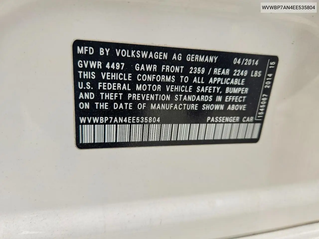 2014 Volkswagen Cc Sport VIN: WVWBP7AN4EE535804 Lot: 58278826