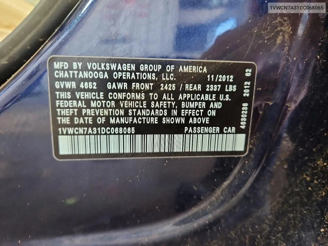 2013 Volkswagen Passat Sel VIN: 1VWCN7A31DC068065 Lot: 57499626