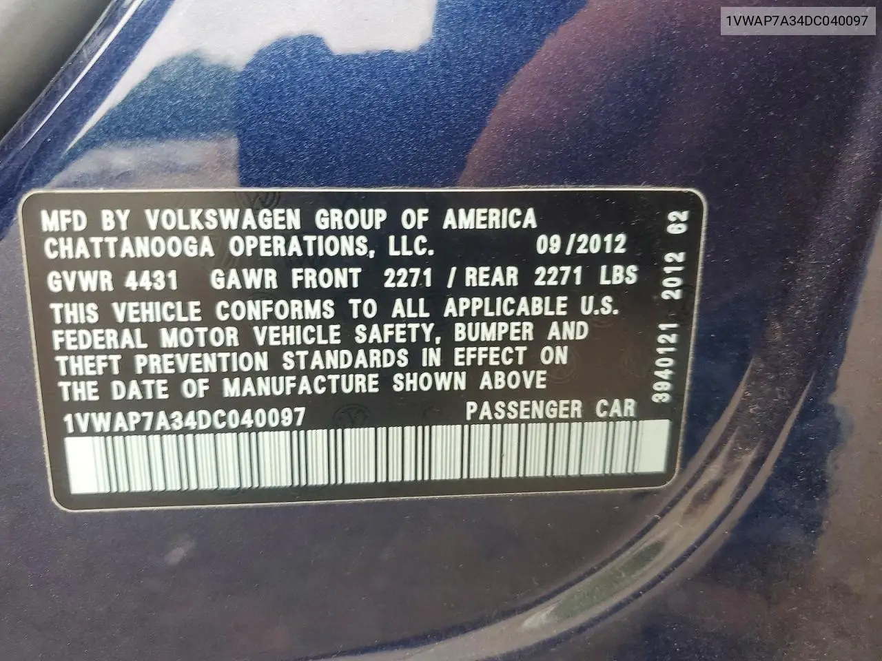 2013 Volkswagen Passat S VIN: 1VWAP7A34DC040097 Lot: 57771196