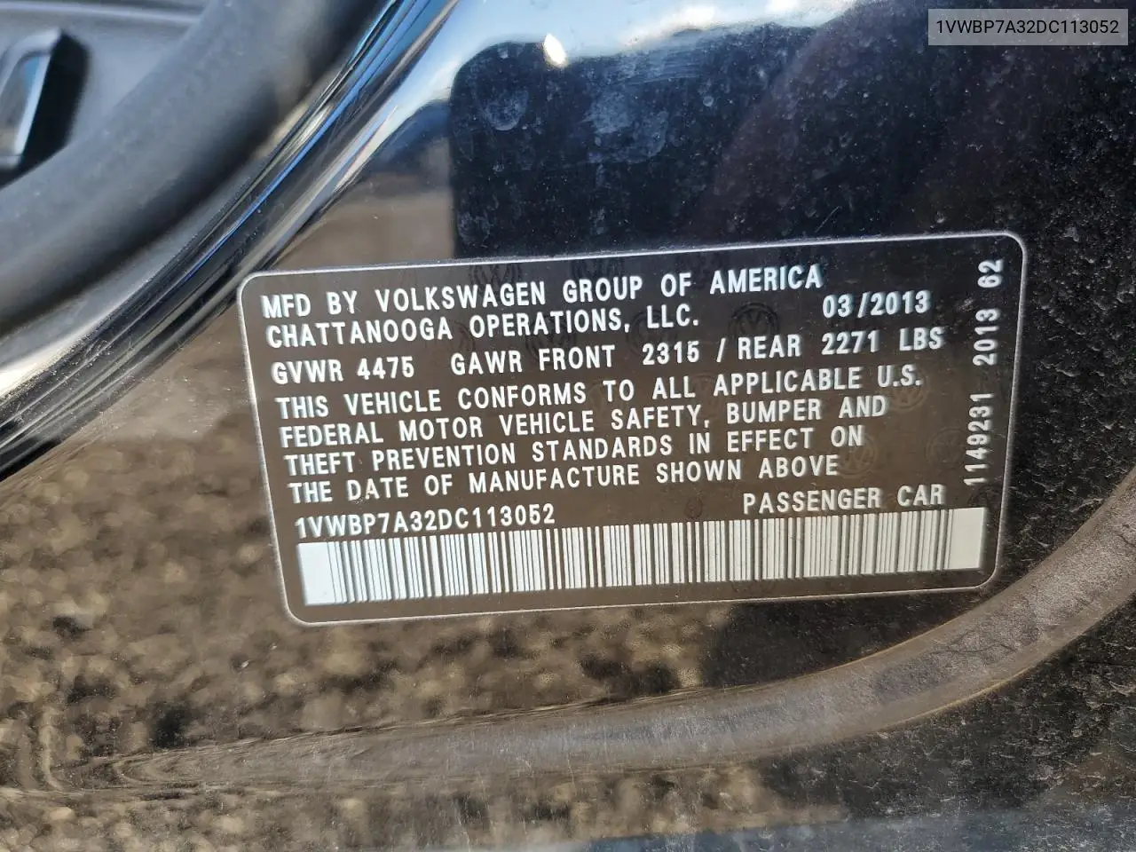 1VWBP7A32DC113052 2013 Volkswagen Passat