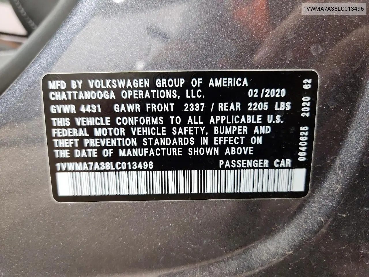 2020 Volkswagen Passat R-Line VIN: 1VWMA7A38LC013496 Lot: 85635815