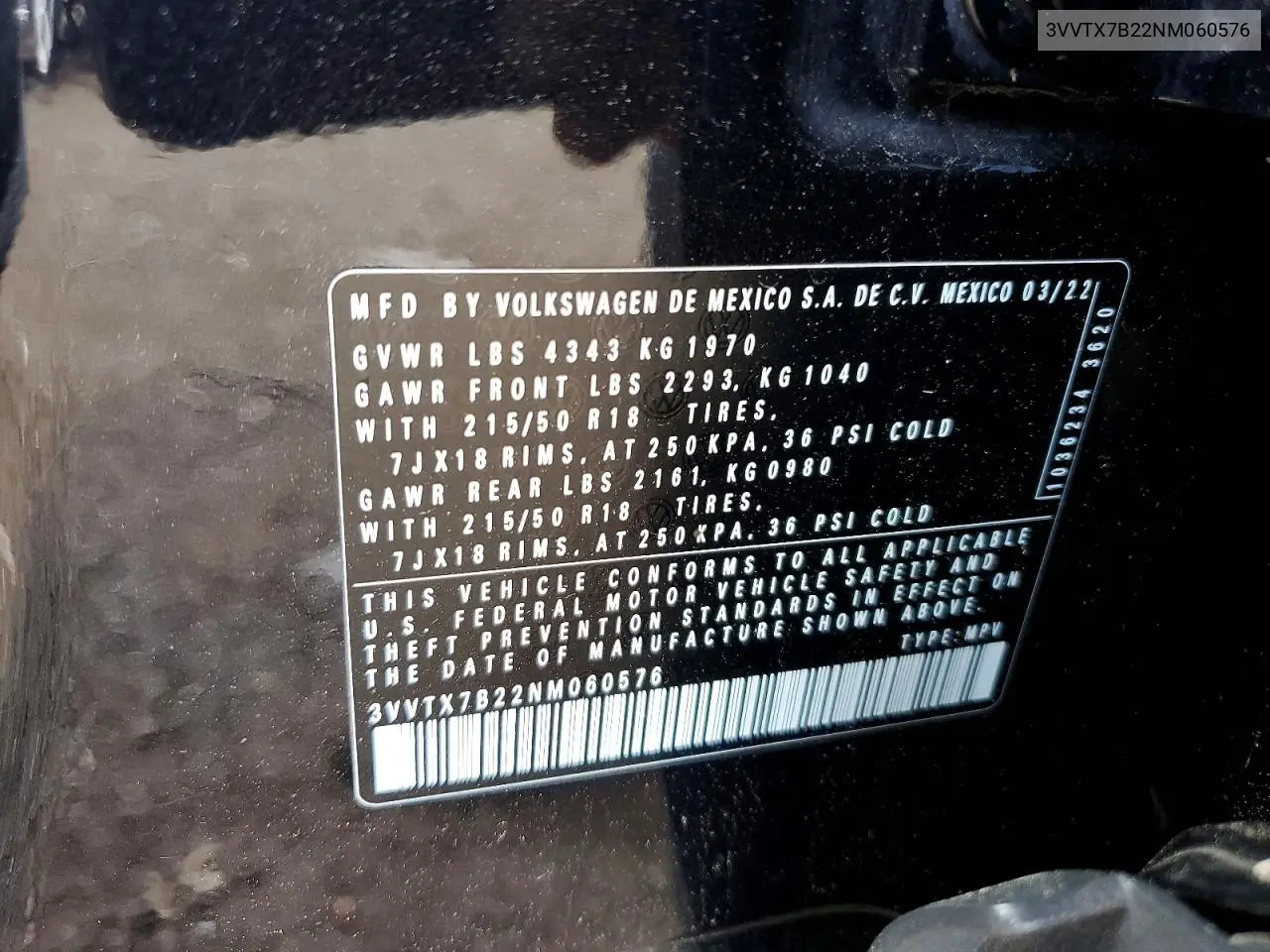 2022 Volkswagen Taos Se VIN: 3VVTX7B22NM060576 Lot: 56184796