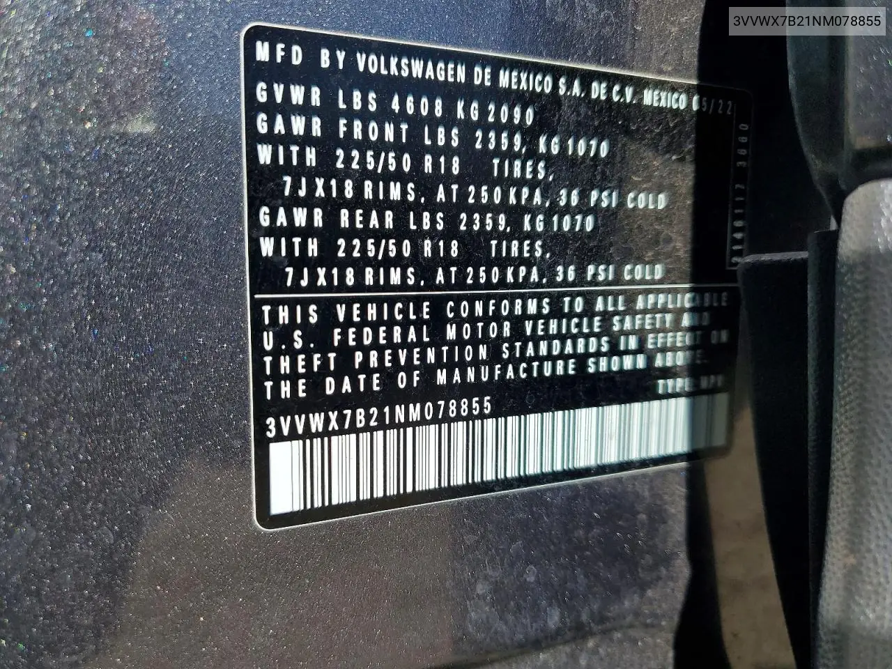 2022 Volkswagen Taos Se VIN: 3VVWX7B21NM078855 Lot: 60425336