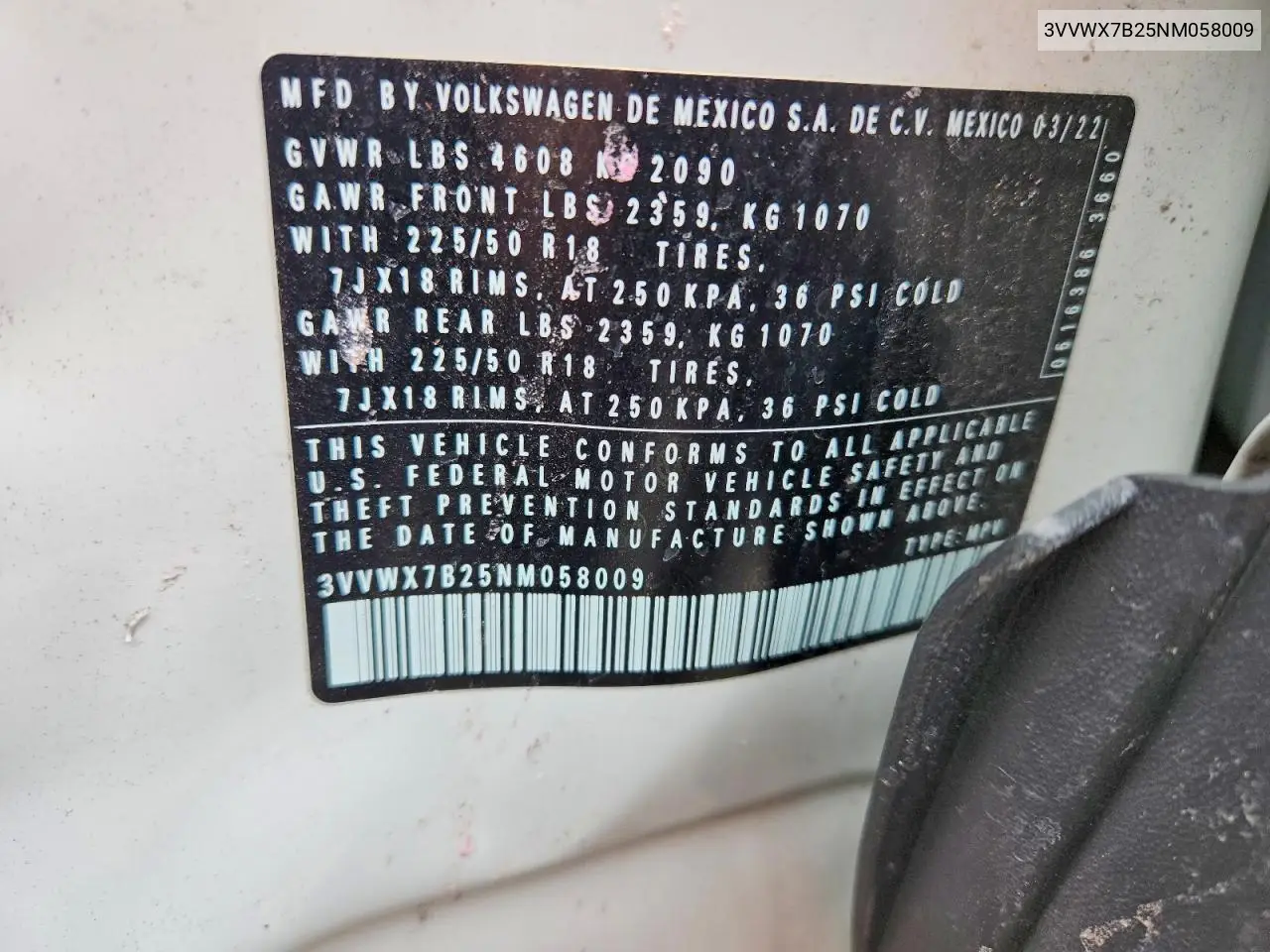 2022 Volkswagen Taos Se VIN: 3VVWX7B25NM058009 Lot: 62007816