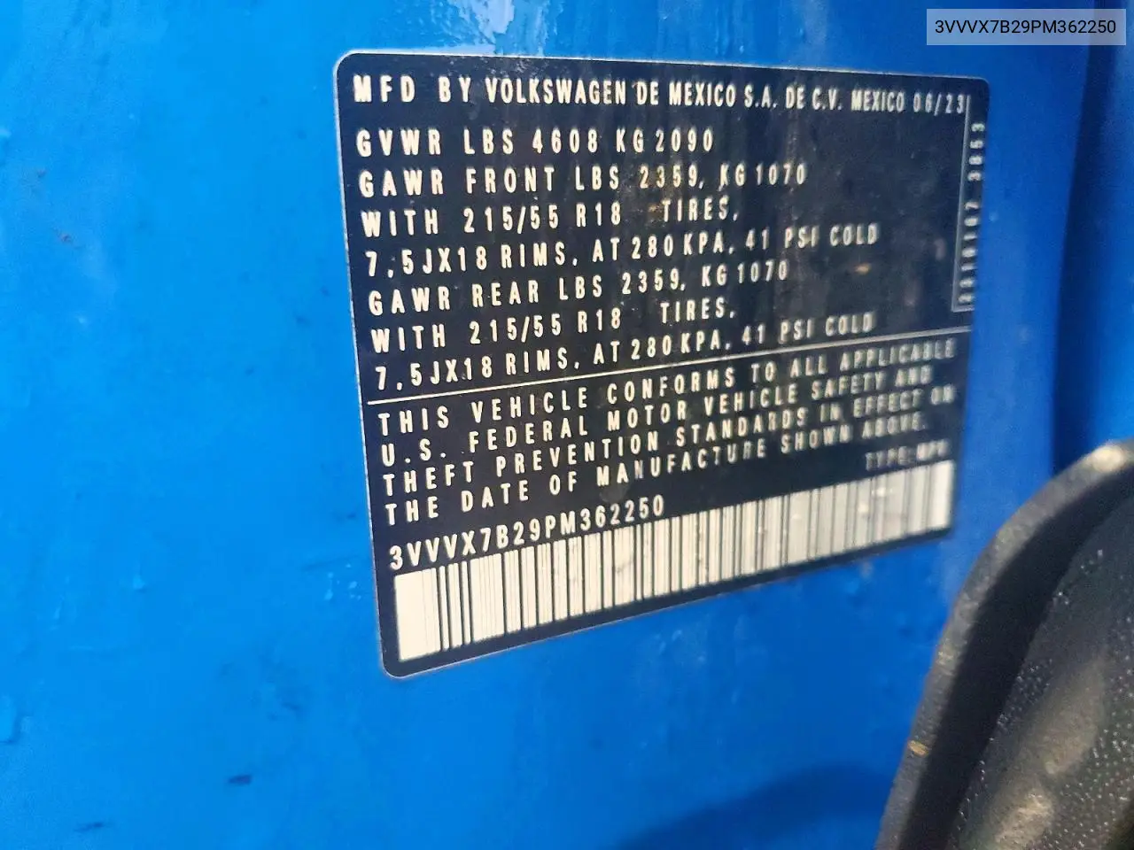 2023 Volkswagen Taos Se VIN: 3VVVX7B29PM362250 Lot: 61034476
