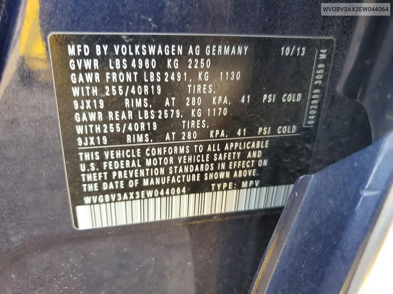 2014 Volkswagen Tiguan S VIN: WVGBV3AX3EW044064 Lot: 61336206