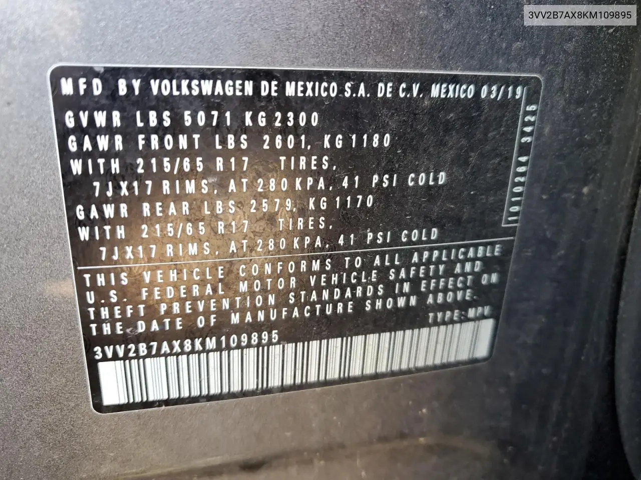3VV2B7AX8KM109895 2019 Volkswagen Tiguan Se