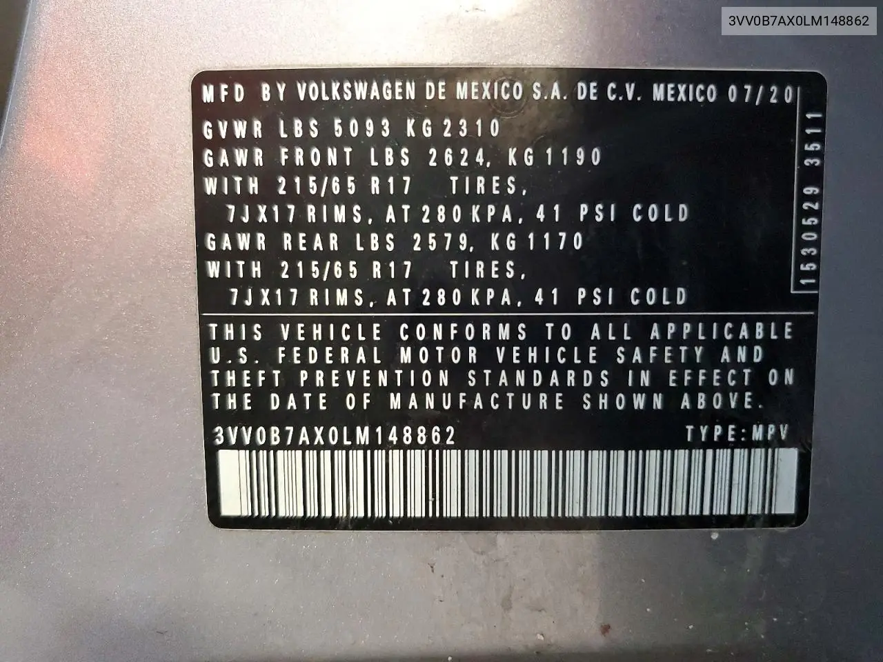 2020 Volkswagen Tiguan S VIN: 3VV0B7AX0LM148862 Lot: 56621286