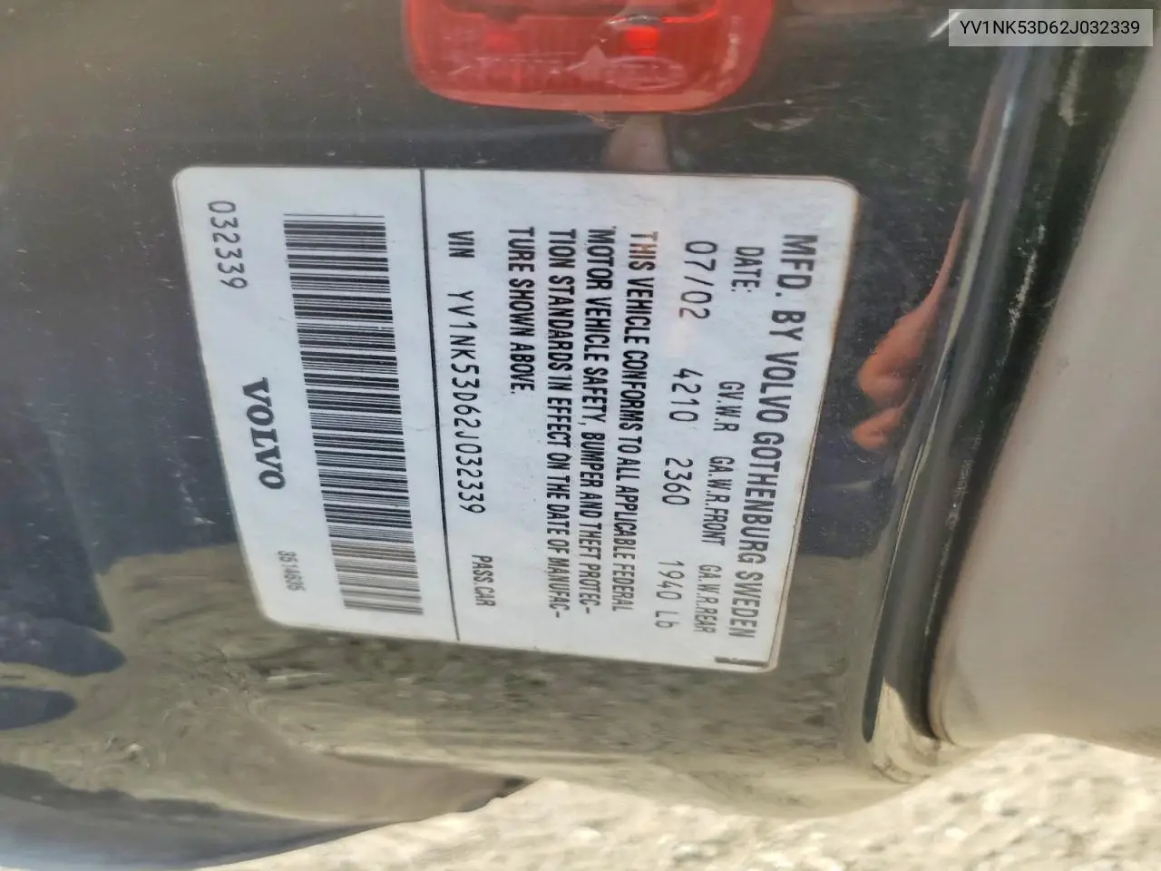 2002 Volvo C70 VIN: YV1NK53D62J032339 Lot: 58845186