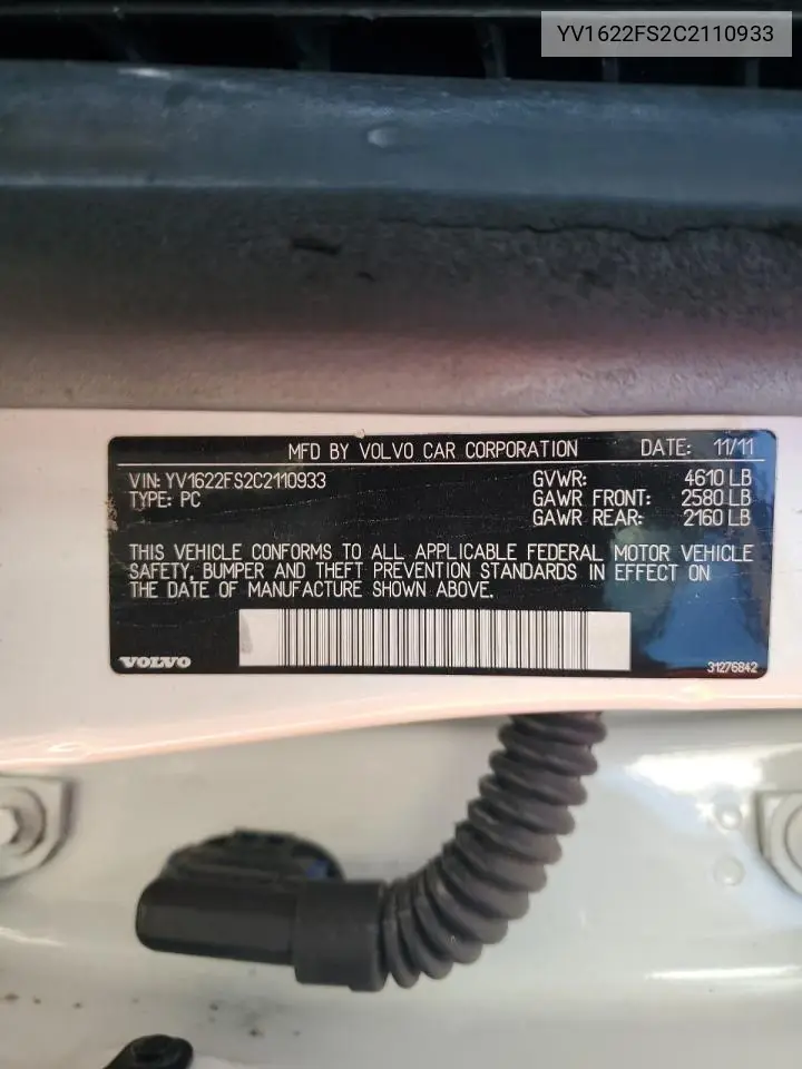 YV1622FS2C2110933 2012 Volvo S60 T5