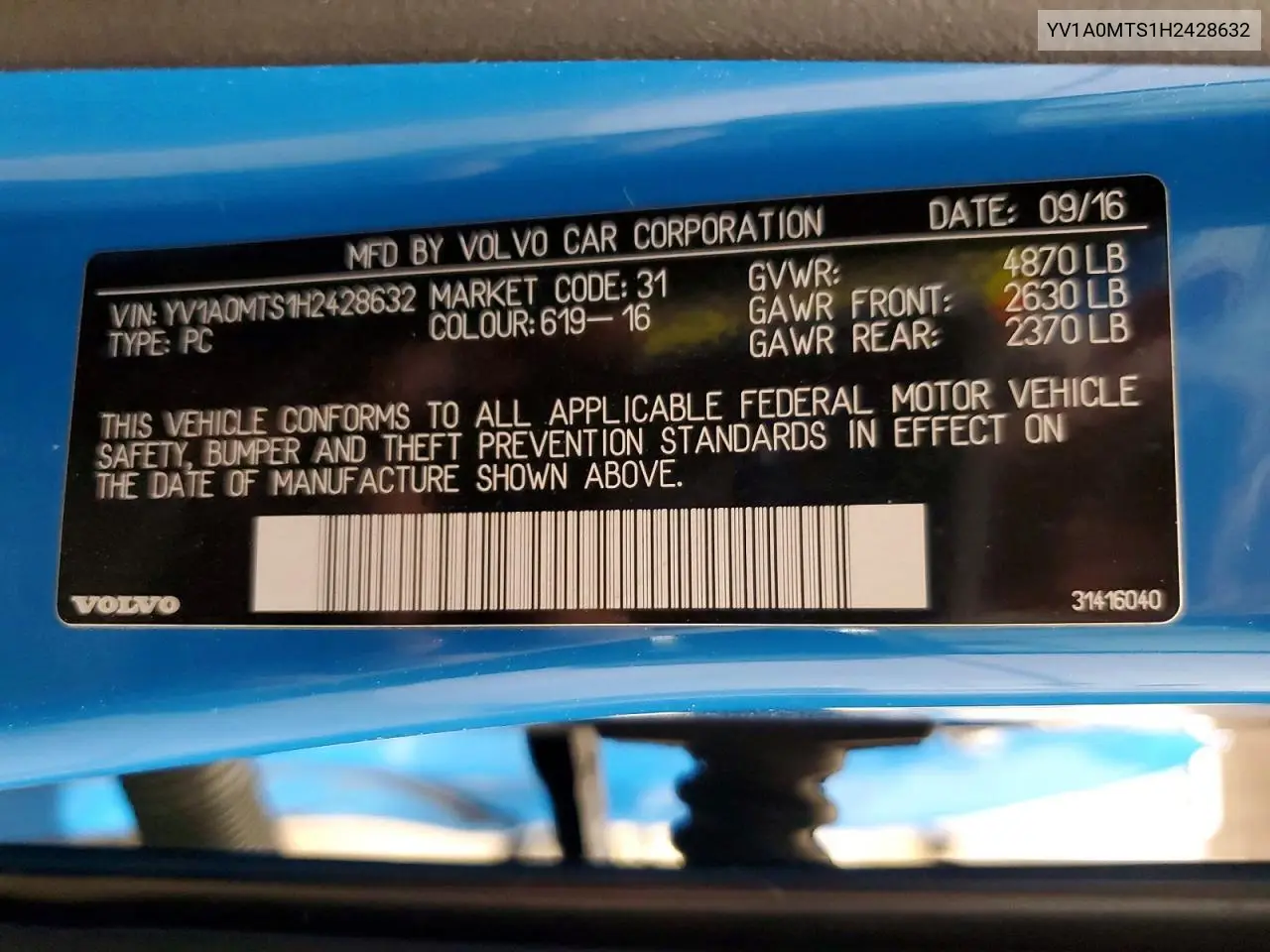 2017 Volvo S60 Polestar VIN: YV1A0MTS1H2428632 Lot: 56354966