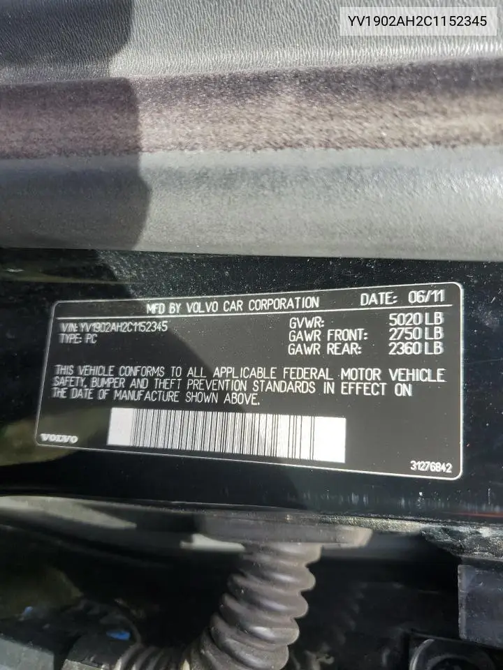 2012 Volvo S80 T6 VIN: YV1902AH2C1152345 Lot: 80940885