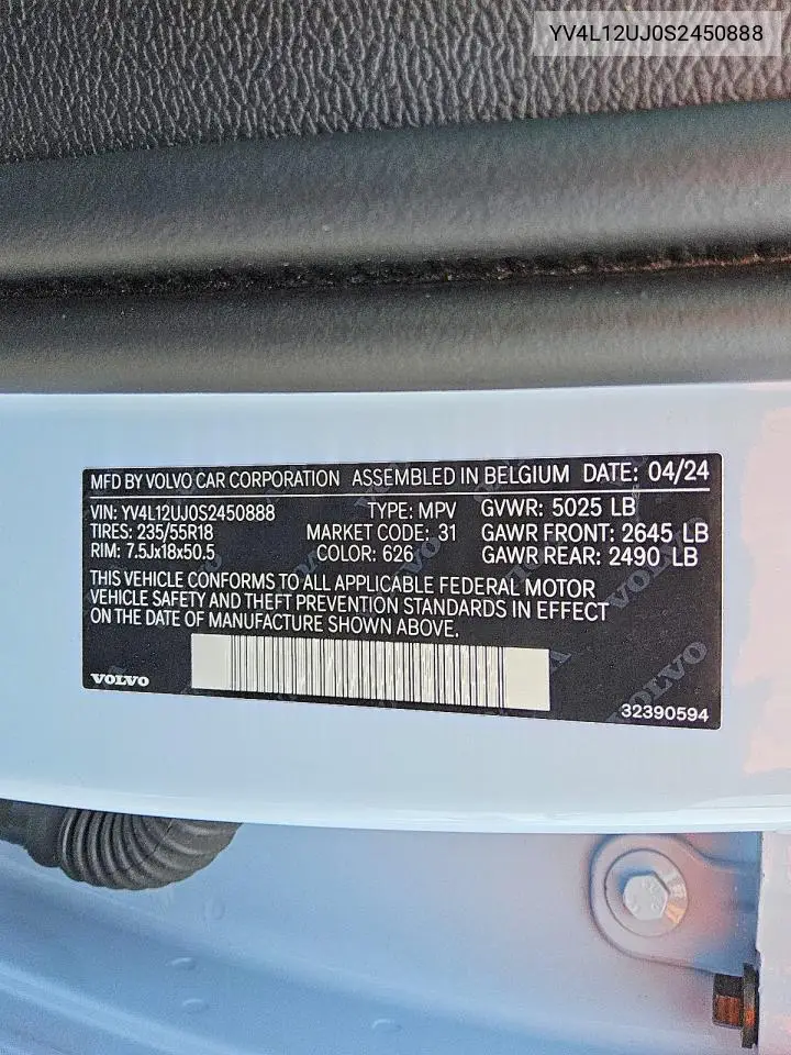 2025 Volvo Xc40 Core VIN: YV4L12UJ0S2450888 Lot: 54247596