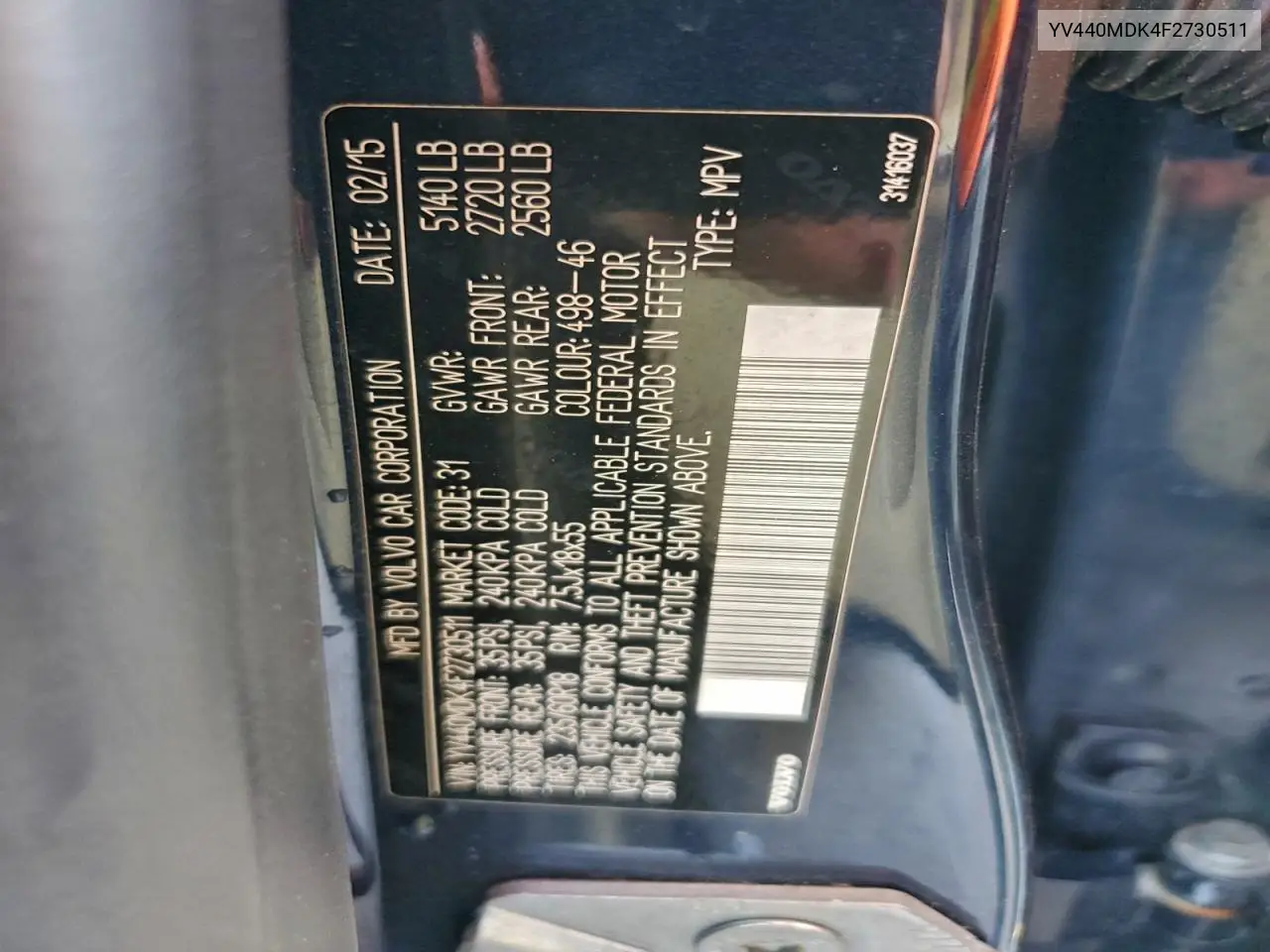 YV440MDK4F2730511 2015 Volvo Xc60 T5 Premier