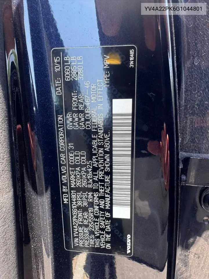 2016 Volvo Xc90 T6 VIN: YV4A22PK6G1044801 Lot: 61323396