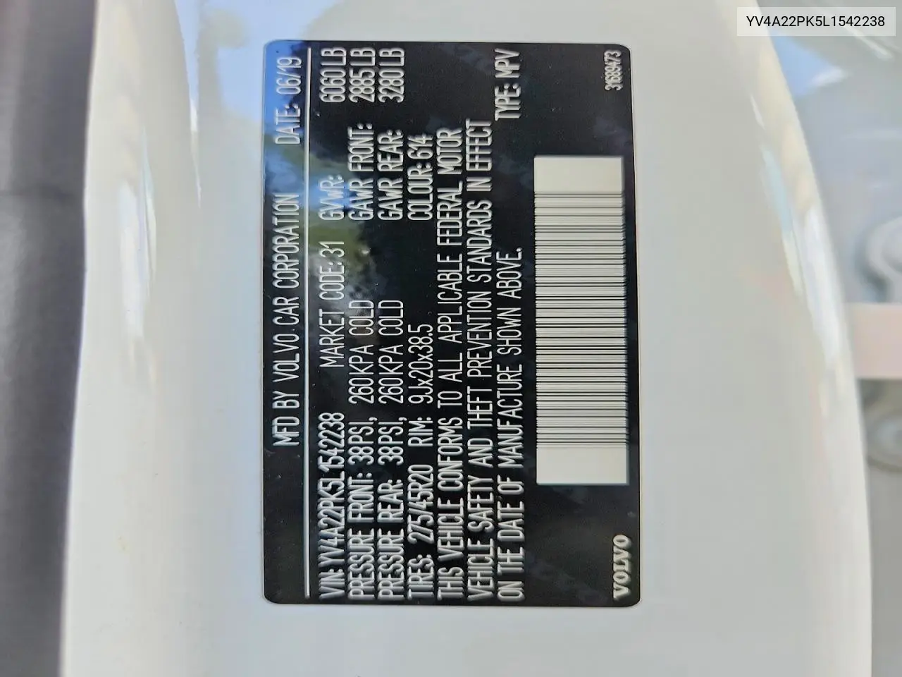 2020 Volvo Xc90 T6 Momentum VIN: YV4A22PK5L1542238 Lot: 59085546
