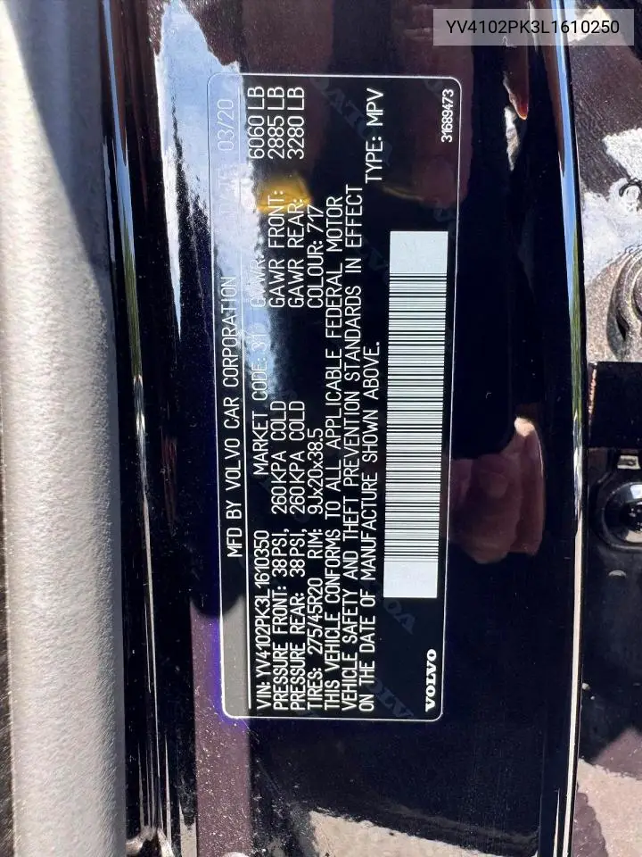 2020 Volvo Xc90 T5 Momentum VIN: YV4102PK3L1610250 Lot: 62202136