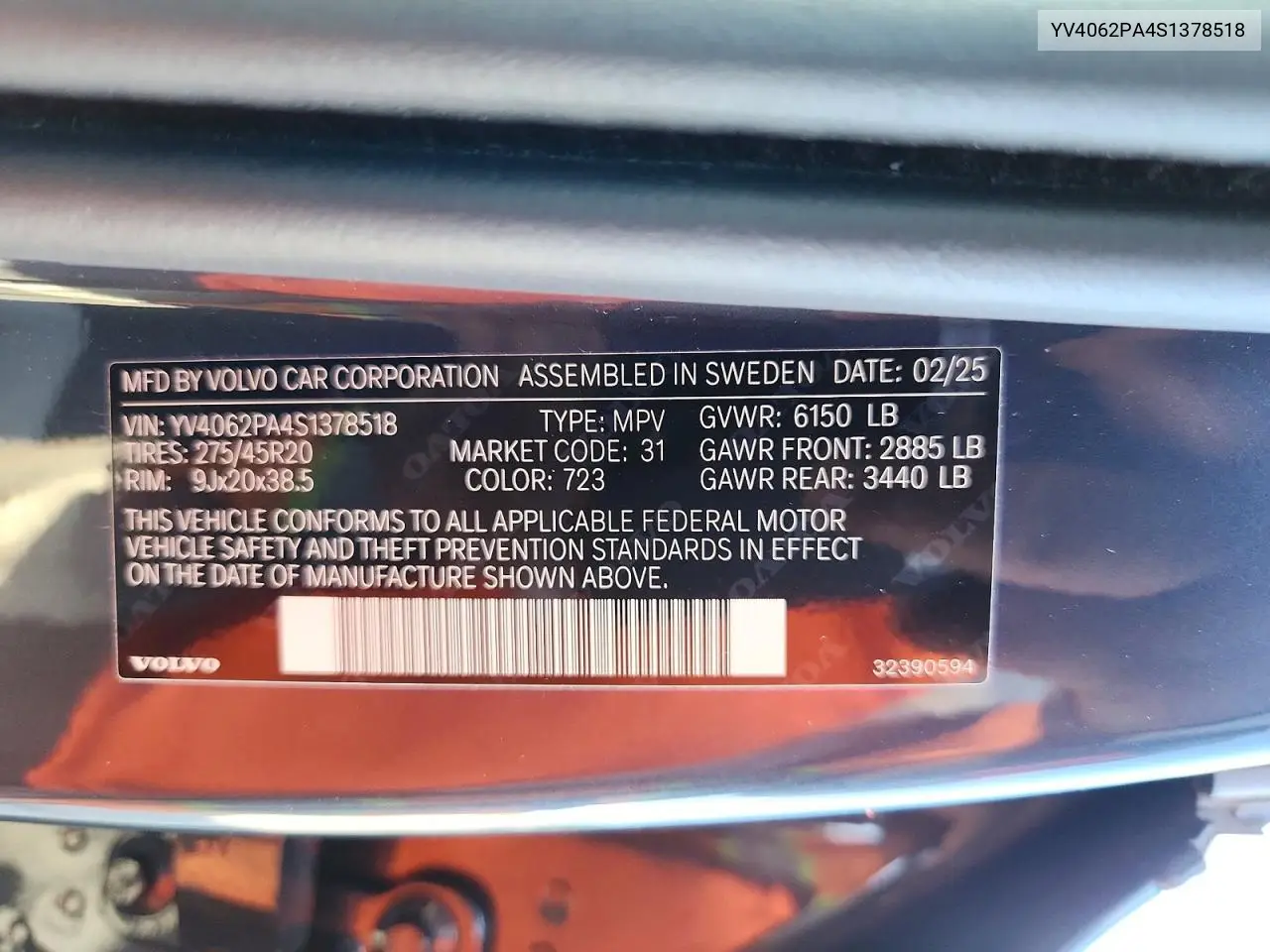 2025 Volvo Xc90 Core VIN: YV4062PA4S1378518 Lot: 61870196