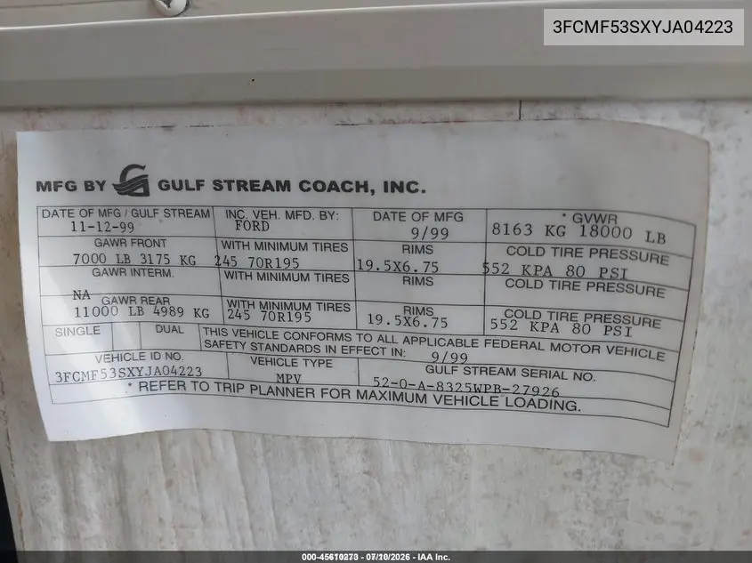 2000 Gulfstream 8325Wpb-Palm Breez VIN: 3FCMF53SXYJA04223 Lot: 45610273