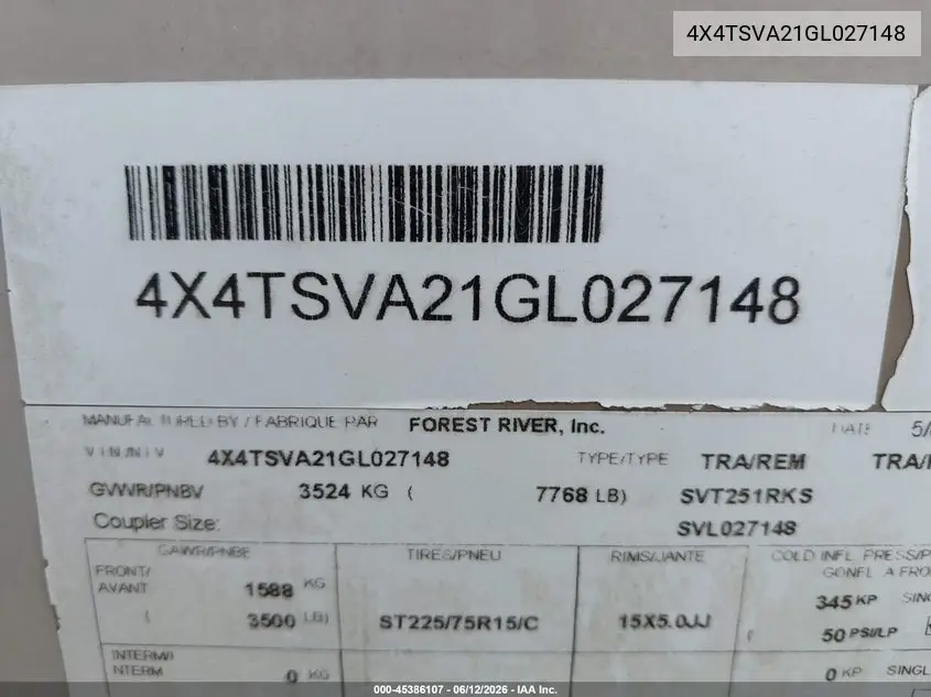2016 Forest River Other VIN: 4X4TSVA21GL027148 Lot: 45386107