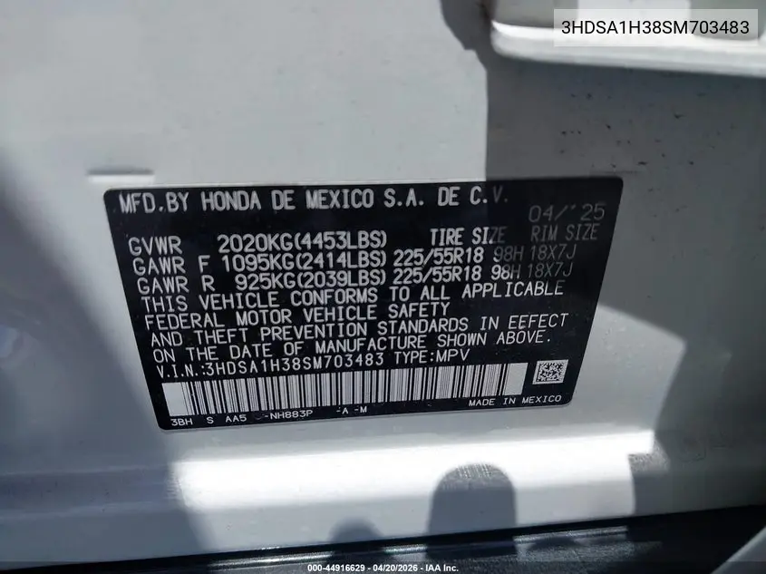 2025 Acura Adx VIN: 3HDSA1H38SM703483 Lot: 44916629