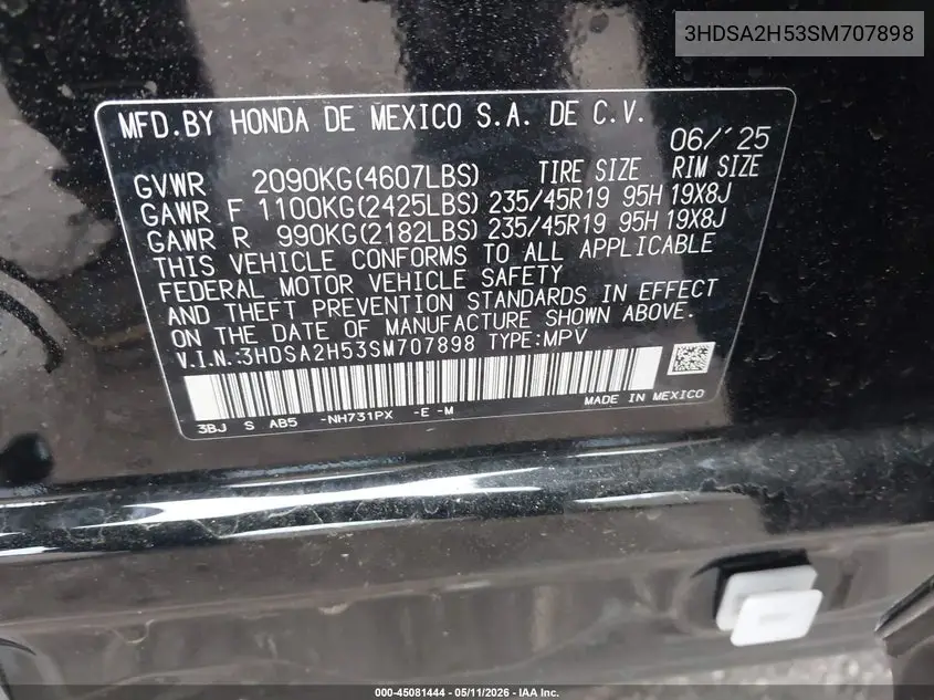 2025 Acura Adx A-Spec VIN: 3HDSA2H53SM707898 Lot: 45081444