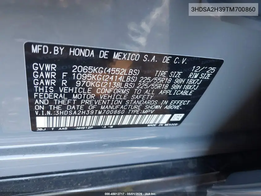 2026 Acura Adx VIN: 3HDSA2H39TM700860 Lot: 45012717