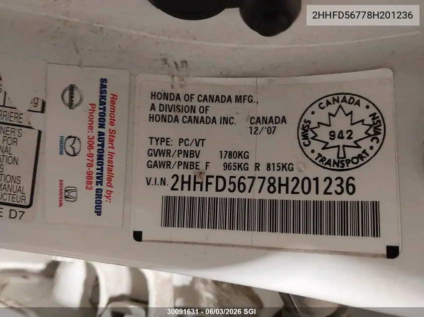 2008 Acura Csx Technology VIN: 2HHFD56778H201236 Lot: 30091631