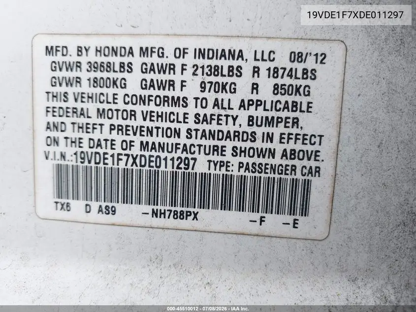 2013 Acura Ilx 2.0L VIN: 19VDE1F7XDE011297 Lot: 45510012