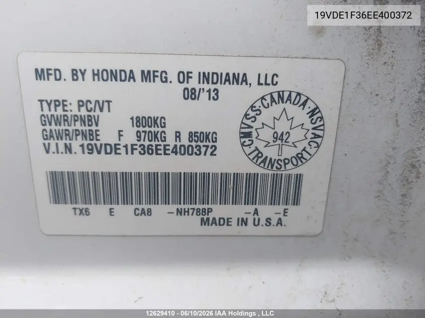 2014 Acura Ilx VIN: 19VDE1F36EE400372 Lot: 12629410x
