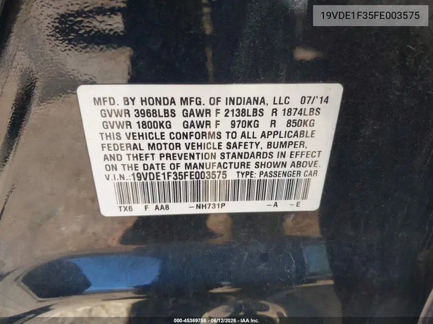 2015 Acura Ilx 2.0L VIN: 19VDE1F35FE003575 Lot: 45369756