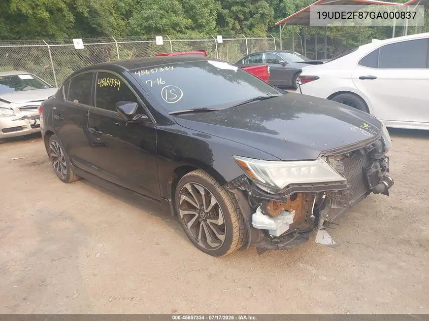 2016 Acura Ilx Premium A-Spec Packages/Technology Plus A-Spec Packages VIN: 19UDE2F87GA000837 Lot: 45657334