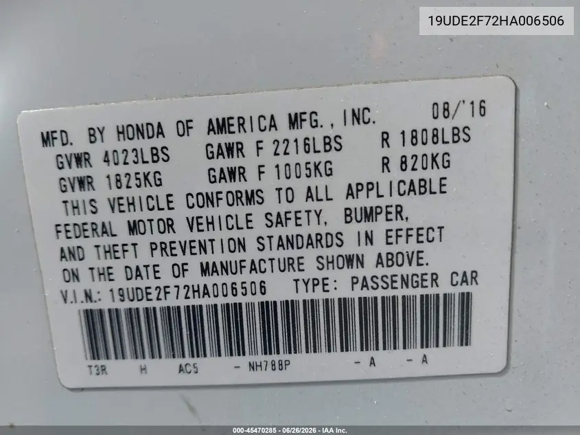 2017 Acura Ilx Premium Package/Technology Plus Package VIN: 19UDE2F72HA006506 Lot: 45470285