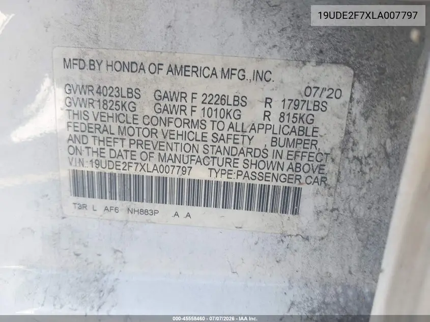 2020 Acura Ilx Premium Package/Technology Package VIN: 19UDE2F7XLA007797 Lot: 45558460