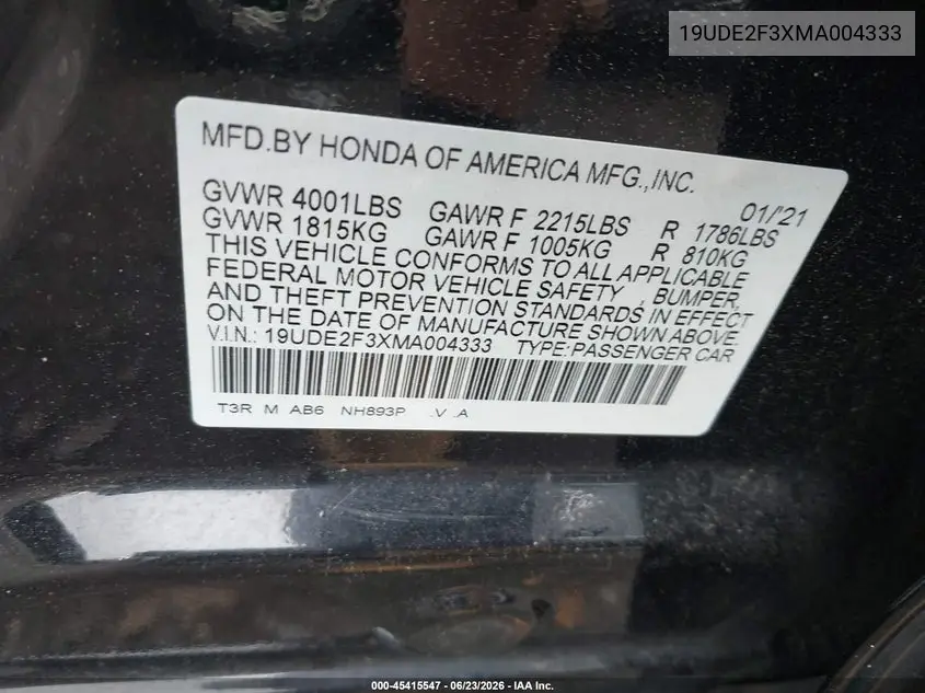 2021 Acura Ilx Standard VIN: 19UDE2F3XMA004333 Lot: 45415547