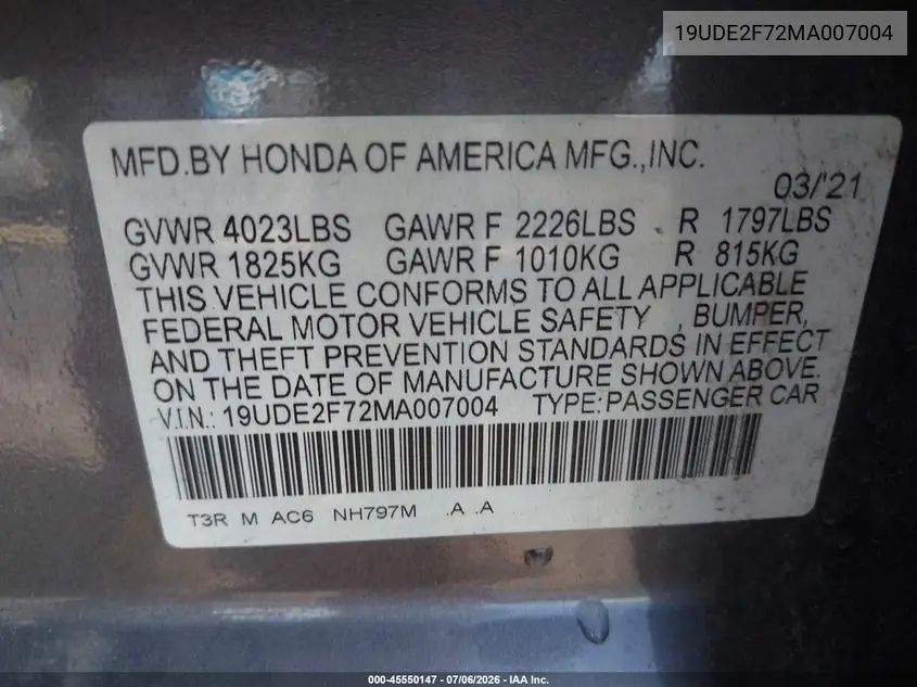 2021 Acura Ilx Premium Package/Technology Package VIN: 19UDE2F72MA007004 Lot: 45550147