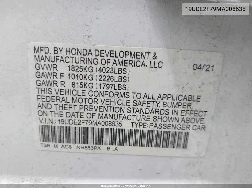 2021 Acura Ilx Premium Package/Technology Package VIN: 19UDE2F79MA008635 Lot: 45631263