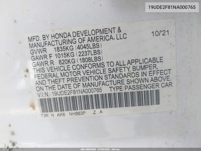2022 Acura Ilx Premium A-Spec Packages/Technology A-Spec Packages VIN: 19UDE2F81NA000765 Lot: 45584389