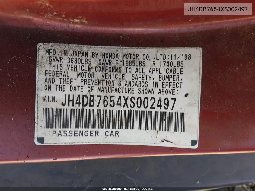 1999 Acura Integra Ls VIN: JH4DB7654XS002497 Lot: 45389090