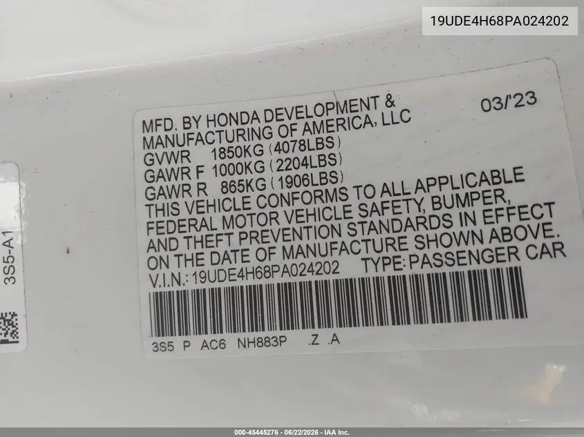 2023 Acura Integra A-Spec Technology VIN: 19UDE4H68PA024202 Lot: 45445276