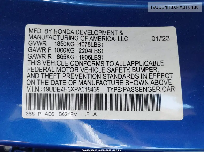 2023 Acura Integra A-Spec VIN: 19UDE4H3XPA018438 Lot: 45463615