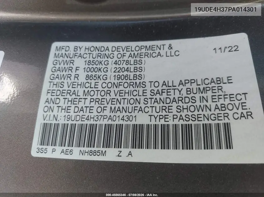 2023 Acura Integra A-Spec VIN: 19UDE4H37PA014301 Lot: 45565346