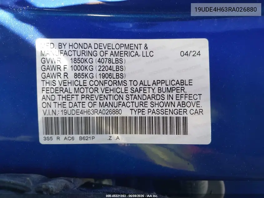2024 Acura Integra A-Spec Technology VIN: 19UDE4H63RA026880 Lot: 45321353