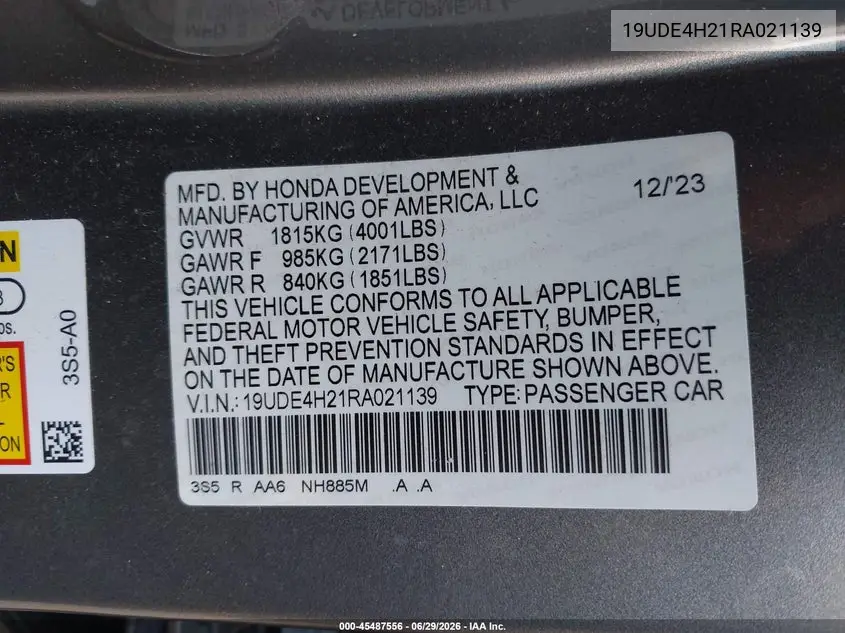 2024 Acura Integra VIN: 19UDE4H21RA021139 Lot: 45487556