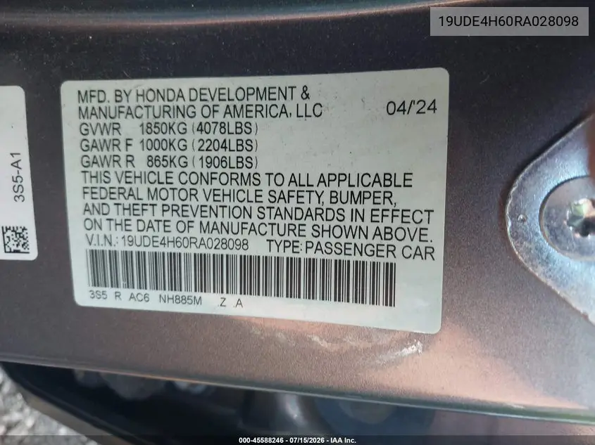 2024 Acura Integra A-Spec Technology VIN: 19UDE4H60RA028098 Lot: 45588246
